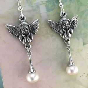 Angel Earrings with Shell Pearl, Handmade Solid Pewter, Australian Made Gift - Picture 1 of 3