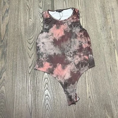 Pretty Little Thing Bodysuit Tie Dye Ribbed Sleeveless Crewneck Thong Brown 12 - Image 1 of 4