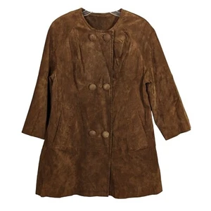 Adrienne Landau 1960's style snap button front leather brown jacket size M - Picture 1 of 9
