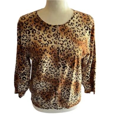 Spenser Jeremy Silk Brown Leopard Print Beaded Cardigan Size L - Image 1 of 4