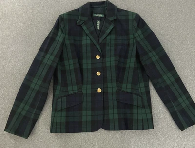 Chaqueta Ralph Lauren Mujer Blazer a Cuadros 14 P Verde Reloj Negro Tartán Botón Dorado Foto 1 de 4