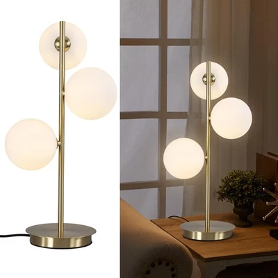 3 Lights Brass Metal Bedside Lamp, Mid Century Globe Table Light, White and G... - Image 1 of 4