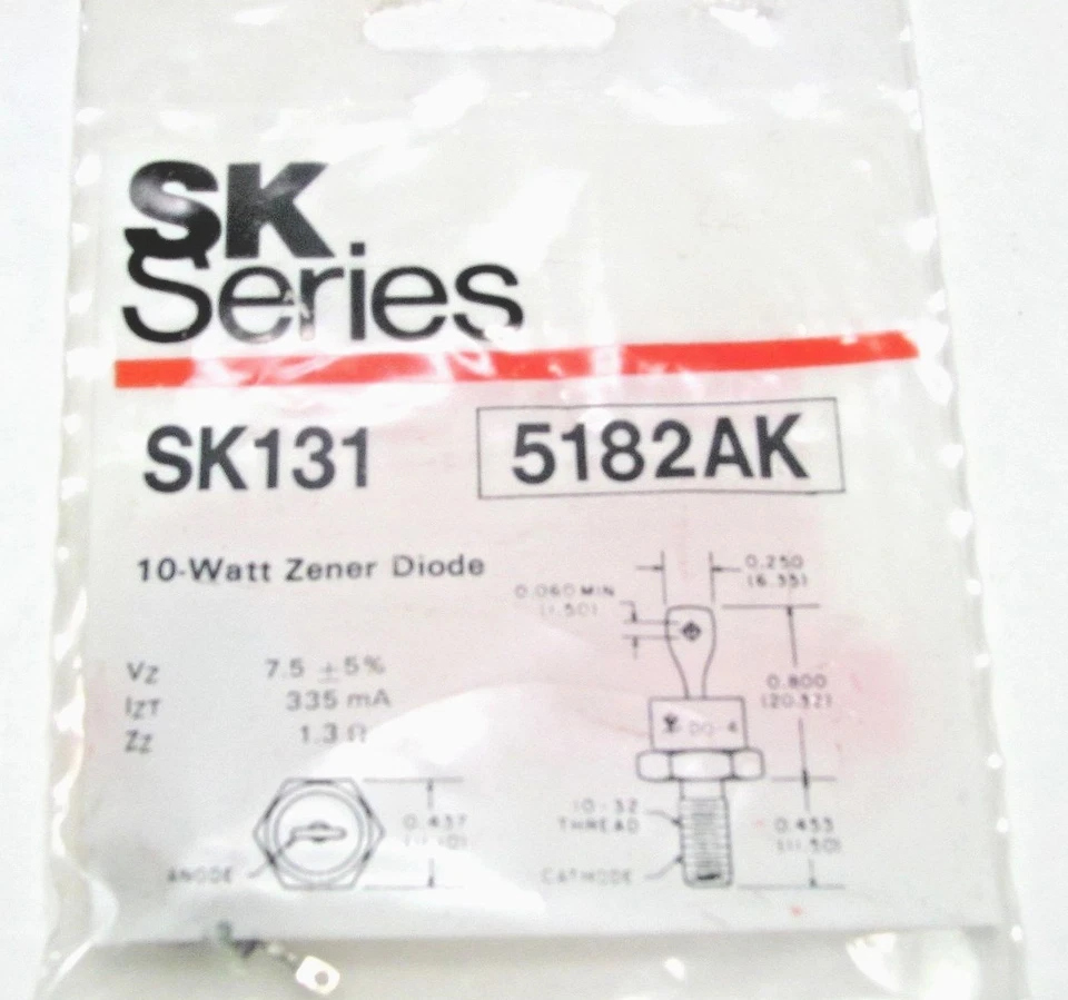 7.5A 10W Zener 二极管 - ±5% 公差 - 反极性 DO-4 RCA SK131 NTE5182AK — 第 1/1 张图片