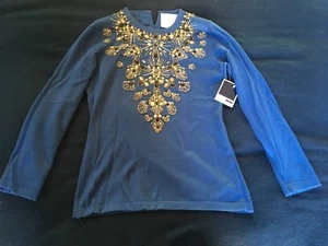 Oscar de la Renta $3.4K Blue Metallic Embellished W/Gems Beaded Sweater Top XS/S - Picture 1 of 11
