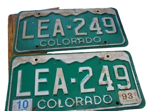 (2) Matching 1993 Colorado License Plates Embossed Mountains LEA-249 Nice Pair ! - Picture 1 of 6