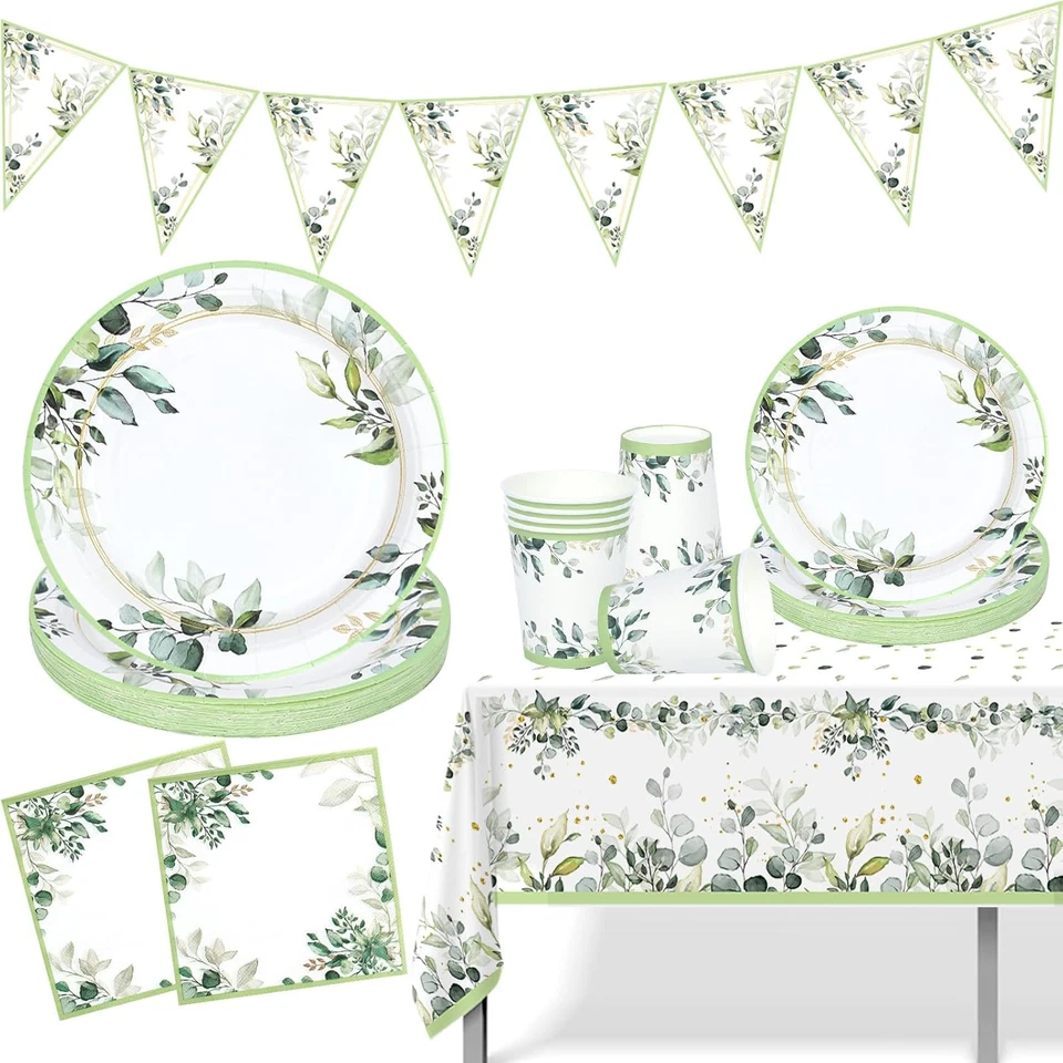 Platos de papel verde salvia tazas y servilletas con mantel y pancarta, por favor para baby shower Foto 1 de 4