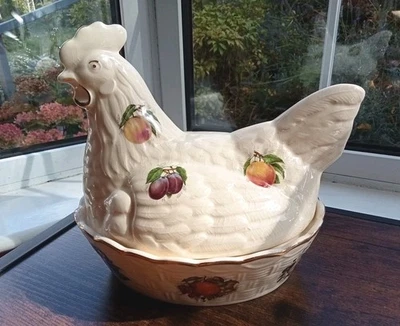 Vintage Ceramic Hen On Nest Egg  Holder Cream With Fruit Design Henry's - Image 1 of 4