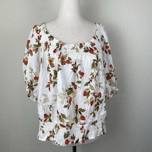 Old Navy 2x Puff Sleeve Strawberry Print Blouse Smocked Cottagecore Boho Country - Picture 1 of 10