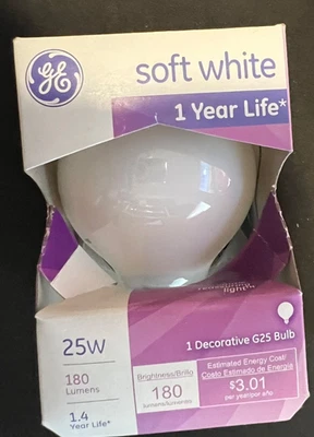 GE 25w Blanco Suave Decorativo G 25 Forma Globo Tornillo Medio 370 Lúmenes 1 Bombilla Foto 1 de 2