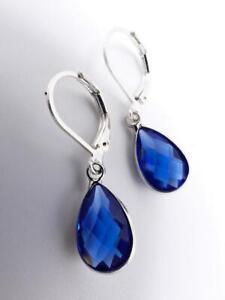 ELEGANT Dainty Royal Blue Teardrop Crystal Sterling Silver Lever back Earrings