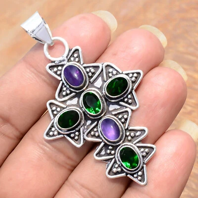 椭圆形镀铬透镜和紫水晶宝石吊坠 925 纯银小饰品十字架 — 第 1/4 张图片