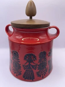 Vintage Ceramic Red Jar Tobak Canister Wood Lid Tobacco Scandinavian Design - Picture 1 of 10