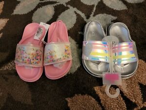 The Children's Place Toddler Girls 2 Pairs Slides Sandals Pink Silver Sz 11 NEW