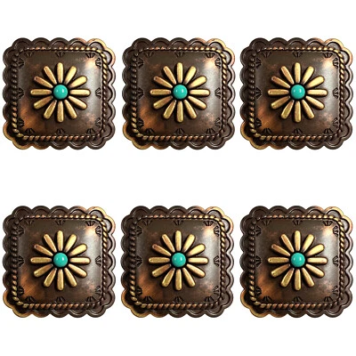 Set of 6 Square Conchos Southwestern Antique Brass Rope Edge Concho Screw Back - Image 1 of 4