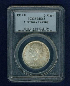 GERMANY WEIMAR REPUBLIC 1929-F 3 REICHSMARK "LESSING" COIN, CERTIFIED PCGS MS63 - Picture 1 of 4