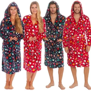Christmas Dressing Gown Robe Xmas Mens Womens Unisex Red Navy Fleece Nightwear - Picture 1 of 36