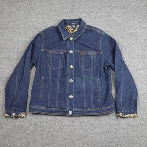 Westbound Denim Jean Jacket Womens 12 Blue Leopard Lined Rhinestone Buttons - Picture 1 of 11