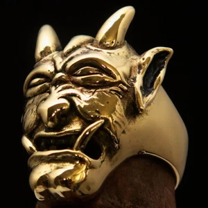 STUNNING MENS SATAN'S BIKER RING HORNED DEVIL FACE SIZE 10 - SOLID BRASS - Picture 1 of 7