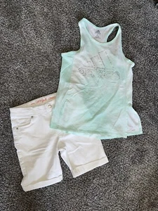 ADIDAS TANK TOP GIRLS M 10 White Bermuda Jean Shorts Lot outfit Summer Denim M - Picture 1 of 5