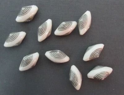 10 White & Silver Glass Buttons - Elongated Triangle - 3/4" wide - 146  158 - Image 1 of 4