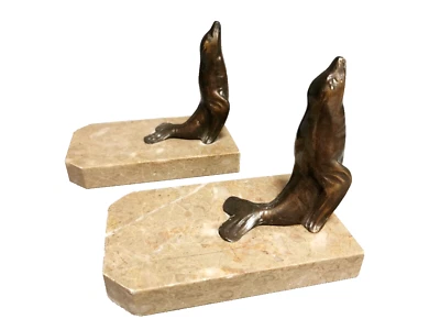 Paire d anciens Serre Livres Art Déco , Statue d Otaries , régule sur Marbre - Photo 1/4