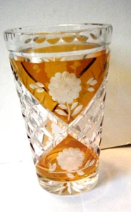 Vintage Bohemian Czech Cut Crystal, Amber & Clear Vase with Flowers, 6" High - Picture 1 of 6
