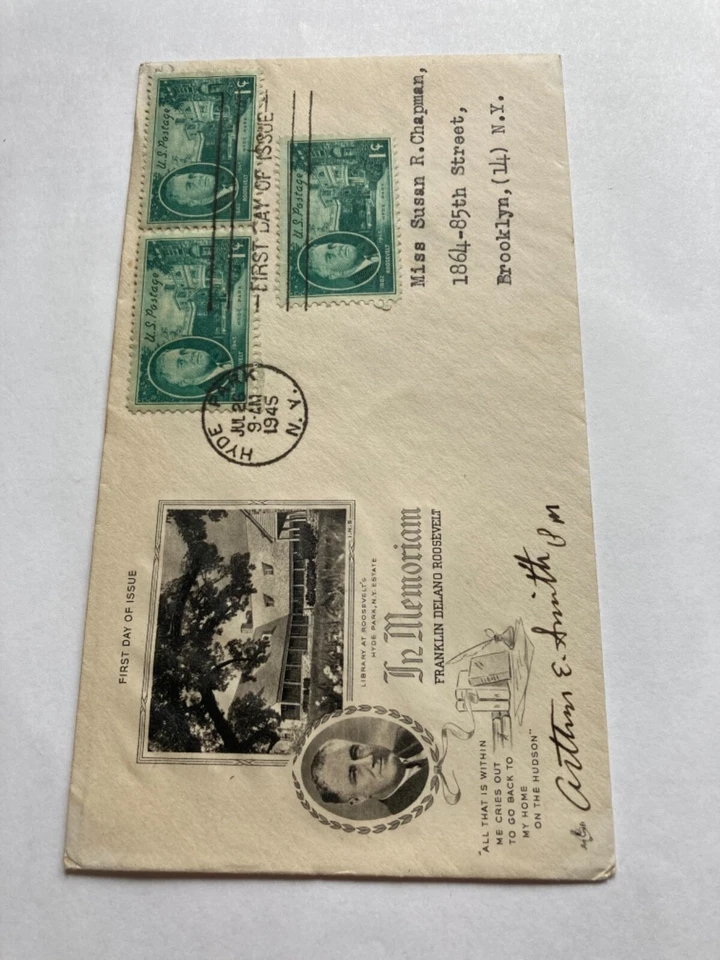 Sobre de emisión del primer día 1945 FDR in memoriam 3 sellos de Hyde Park Foto 1 de 1