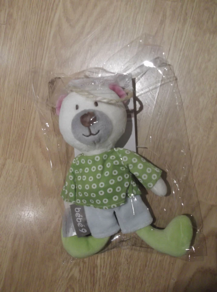 Doudou Peluche bébé 9 Ours Bear Bar Orso Max Et Lyla 15 cm Pull Vert Rond Blanc  - Photo 1/1