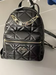 Authentic Love Moschino Women Black Backpack Gold Heart Chain Borsa New Dust Bag - Picture 1 of 10