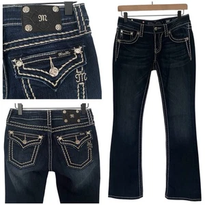 Miss Me Signature Boot Cut Jeans Size 27 Low Rise Embellished Bling Rhinestones - Imagen 1 de 10