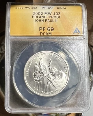 2002 POPE JOHN PAUL II POLAND 1 OUNCE SILVER 10 ZLOTYCH ANACS PF69 DCAM - Image 1 of 4