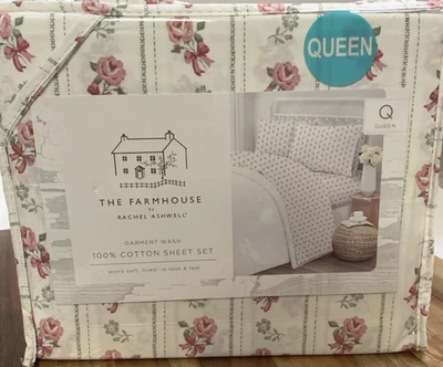 Juego de sábanas Rachel Ashwell Farmhouse QUEEN algodón rayas estampado rosa Shabby Chic Foto 1 de 4