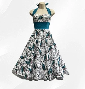 50s Style Dress Size 10 Retro Fit Flare Occasion Full Circle Bird Print Party - Picture 1 of 24