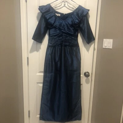 Teri Jon-Rickie Freeman Navy Blue Silk Formal Gown Sz 6 (E1375) - Image 1 of 4