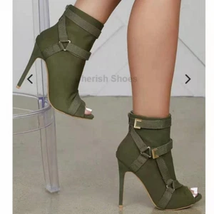 Sexy Mujeres Punta de Peep Delgadas Tacones Muy Altos Botas al tobillo Espalda Cremallera Sandalias Botas Nuevas - Imagen 1 de 7