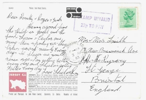JERSEY to BRISTOL 1983 Postcard "STAMP INVALID 22P TO PAY" Postage Due TAX MARK - Picture 1 of 2