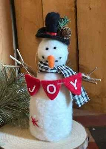 Cute Felt Country Snowman -rustic winter Christmas decor Snow top hat, scarf JOY - Picture 1 of 1
