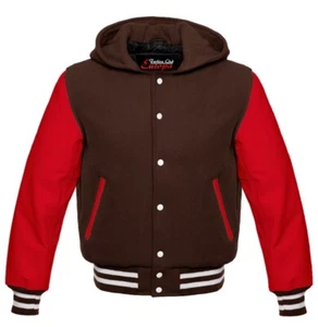 Sudadera con capucha universitaria de lana vintage con mangas de cuero rojo - Imagen 1 de 3