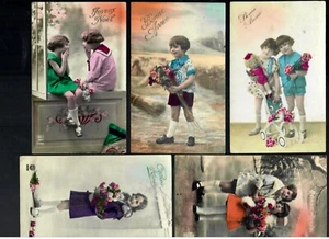 Lot Of 5 French Children Tinted RPPC New Years Postcards "Bonne Annee" 1930's - Picture 1 of 2