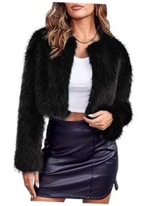 Women's Fashion Cropped Faux Fur Jacket Long Sleeve Open Front Small Black - Picture 1 of 5