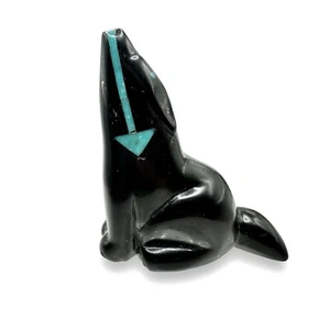 WOLF Howling Zuni Carved Black JET Turquoise Arrow Figurine Fetish Carving Vtg - Picture 1 of 4