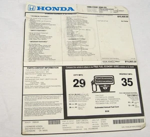 1999 Honda Civic EX VTEC 1.6L 5-Speed Genuine Original Monroney Window Sticker - Bild 1 von 4