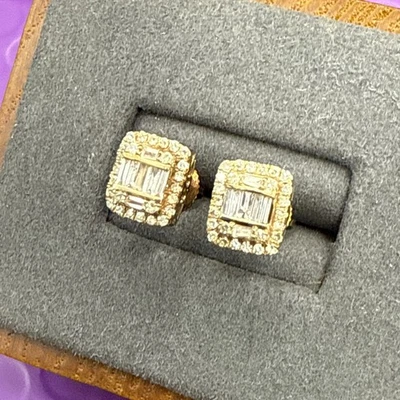 💎 14k желтое золото 1,00 карат натуральный круглый и багет бриллиант серьги-гвоздики (3088) - Изображение 1 из 4