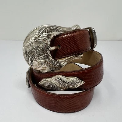 Cinturón de cuero vintage Linda Allard Ellen Tracy para mujer M marrón lagarto hebilla plateada Foto 1 de 4