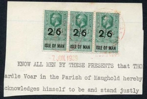 Isle of Man KGV 2/6 Strip of Three Key Plate Type Revenues CDS on Piece - Picture 1 of 1