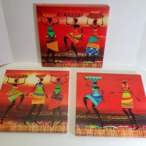 African Women Tribal Sunrise Dancing Canvas Wall Art Decor 12x12 inches 3 Piece - Picture 1 of 5