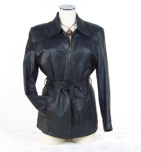 Women's Medium Black Real Leather Jacket Belted /Zip Very Nice Condition Clean!! - Picture 1 of 11