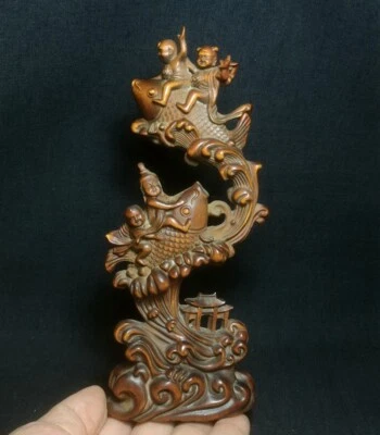 7.4 Inch Chinese Boxwood Hand Carved Boy Fish Figure table Decoration Collection - Image 1 of 4