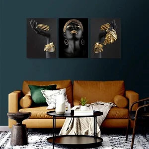 Black Gold African American Woman Canvas Wall Art, 3 Piece Set - Picture 1 of 9