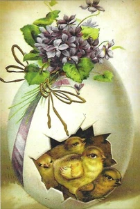 Vintage Easter Postcard RETRO Chicks Open Egg Violets Lilac Ribbon NEW REPRINT - Picture 1 of 2